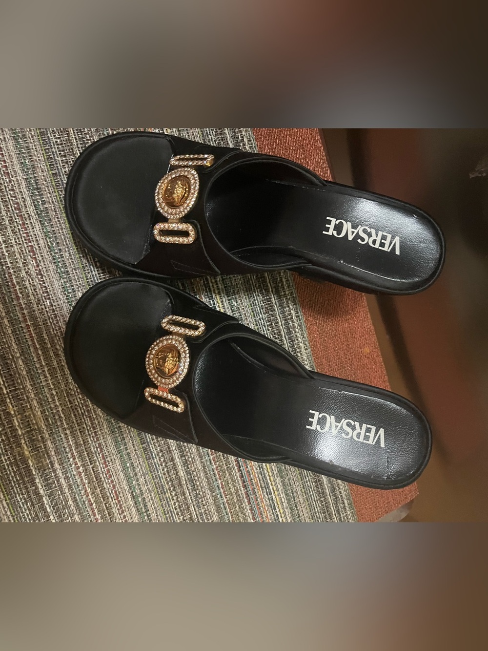 Versace Black Platform Slide Sandals with Gold Medallion Accent - Picture 6 of 8